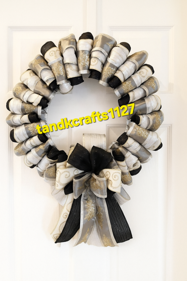 Black, Silver, & Gold Rolled Ribbon Christmas Wreath